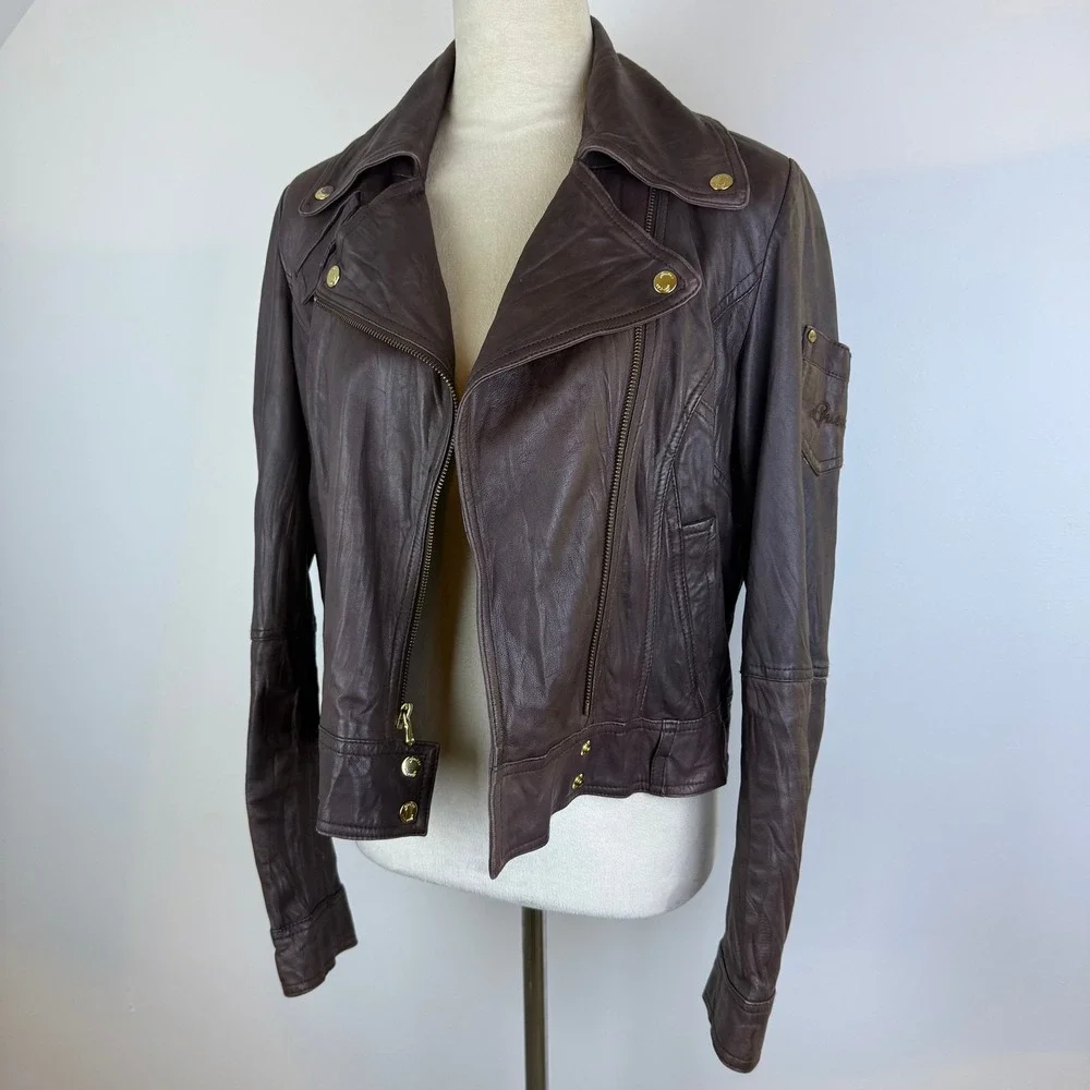 Y2K Guess Womens Brown Real Leather Moto Jacket Gold Zip & Snaps Pocket Size LG